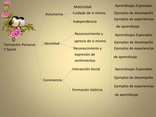 Aprendizajes Esperados      Motricidad       Cuidado de si mismoEjemplos de desempeño Autonomía Ejemplos de experiencias     Independencia de aprendizajeReconocimiento y Aprendizajes Esperados aprecio de si mismoEjemplos de desempeño Identidad Formación PersonalY Social Reconocimiento yEjemplos de experienciasexpresión dede aprendizajesentimientosInteracción SocialAprendizajes EsperadosEjemplos de desempeño ConvivenciaEjemplos de experienciasFormación Valórica de aprendizaje