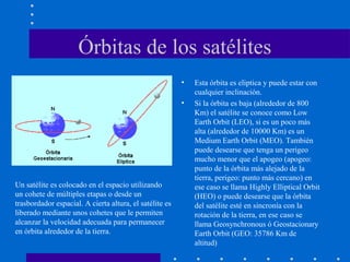 Órbitas de los satélites
• Esta órbita es eliptica y puede estar con
cualquier inclinación.
• Si la órbita es baja (alrededor de 800
Km) el satélite se conoce como Low
Earth Orbit (LEO), si es un poco más
alta (alrededor de 10000 Km) es un
Medium Earth Orbit (MEO). También
puede desearse que tenga un perigeo
mucho menor que el apogeo (apogeo:
punto de la órbita más alejado de la
tierra, perigeo: punto más cercano) en
ese caso se llama Highly Elliptical Orbit
(HEO) o puede desearse que la órbita
del satélite esté en sincronía con la
rotación de la tierra, en ese caso se
llama Geosynchronous ó Geostacionary
Earth Orbit (GEO: 35786 Km de
altitud)
Un satélite es colocado en el espacio utilizando
un cohete de múltiples etapas o desde un
trasbordador espacial. A cierta altura, el satélite es
liberado mediante unos cohetes que le permiten
alcanzar la velocidad adecuada para permanecer
en órbita alrededor de la tierra.
 