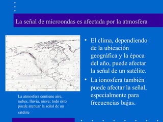 La señal de microondas es afectada por la atmosfera
• El clima, dependiendo
de la ubicación
geográfica y la época
del año, puede afectar
la señal de un satélite.
• La ionosfera también
puede afectar la señal,
especialmente para
frecuencias bajas.
La atmosfera contiene aire,
nubes, lluvia, nieve: todo esto
puede atenuar la señal de un
satélite
 