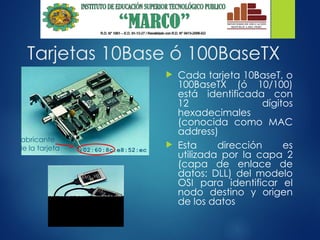 Tarjetas 10Base ó 100BaseTX
 Cada tarjeta 10BaseT, o
100BaseTX (ó 10/100)
está identificada con
12 dígitos
hexadecimales
(conocida como MAC
address)
 Esta dirección es
utilizada por la capa 2
(capa de enlace de
datos: DLL) del modelo
OSI para identificar el
nodo destino y origen
de los datos
02:60:8c:e8:52:ec
Fabricante
de la tarjeta
 