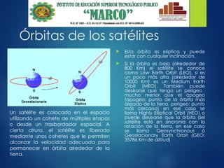 Órbitas de los satélites
 Esta órbita es eliptica y puede
estar con cualquier inclinación.
 Si la órbita es baja (alrededor de
800 Km) el satélite se conoce
como Low Earth Orbit (LEO), si es
un poco más alta (alrededor de
10000 Km) es un Medium Earth
Orbit (MEO). También puede
desearse que tenga un perigeo
mucho menor que el apogeo
(apogeo: punto de la órbita más
alejado de la tierra, perigeo: punto
más cercano) en ese caso se
llama Highly Elliptical Orbit (HEO) o
puede desearse que la órbita del
satélite esté en sincronía con la
rotación de la tierra, en ese caso
se llama Geosynchronous ó
Geostacionary Earth Orbit (GEO:
35786 Km de altitud)
Un satélite es colocado en el espacio
utilizando un cohete de múltiples etapas
o desde un trasbordador espacial. A
cierta altura, el satélite es liberado
mediante unos cohetes que le permiten
alcanzar la velocidad adecuada para
permanecer en órbita alrededor de la
tierra.
 