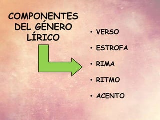 COMPONENTES
DEL GÉNERO
LÍRICO
• VERSO
• ESTROFA
• RIMA
• RITMO
• ACENTO
 