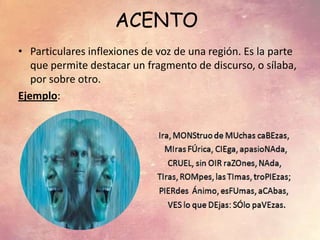 ACENTO
• Particulares inflexiones de voz de una región. Es la parte
que permite destacar un fragmento de discurso, o sílaba,
por sobre otro.
Ejemplo:
 
