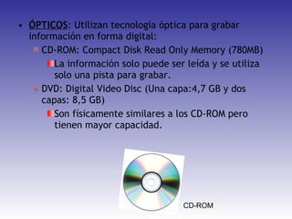 ÓPTICOS : Utilizan tecnología óptica para grabar información en forma digital: CD-ROM: Compact Disk Read Only Memory (780MB) La información solo puede ser leída y se utiliza solo una pista para grabar.  DVD: Digital Video Disc (Una capa:4,7 GB y dos capas: 8,5 GB) Son físicamente similares a los CD-ROM pero tienen mayor capacidad. CD-ROM 