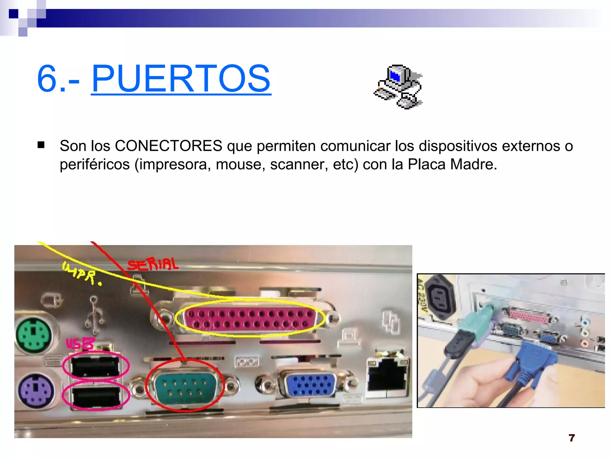 6.-  PUERTOS Son los CONECTORES que permiten comunicar los dispositivos externos o periféricos (impresora, mouse, scanner, etc) con la Placa Madre. 