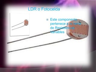LDR o Fotocelda

           Este componente
            pertenece a la rama
            de Resistencias
            Variables
 