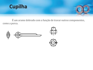 Cupilha
É um arame dobrado com a função de travar outros componentes,
como a porca.
 
