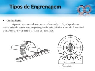 Tipos de Engrenagem
• Cremalheira
Apesar de a cremalheira ser um barra dentada, ela pode ser
caracterizada como uma engrenagem de raio infinito. Com ela é possível
transformar movimento circular em retilíneo.
 
