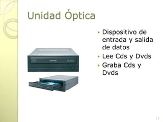 Unidad ÓpticaDispositivo de entrada y salida de datosLee Cds y DvdsGraba Cds y Dvds15