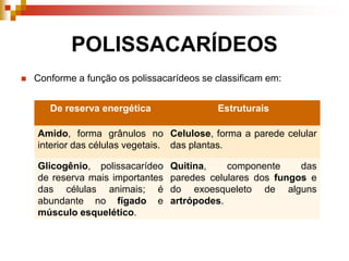 POLISSACARÍDEOS
 Conforme a função os polissacarídeos se classificam em:
De reserva energética Estruturais
Amido, forma grânulos no
interior das células vegetais.
Celulose, forma a parede celular
das plantas.
Glicogênio, polissacarídeo
de reserva mais importantes
das células animais; é
abundante no fígado e
músculo esquelético.
Quitina, componente das
paredes celulares dos fungos e
do exoesqueleto de alguns
artrópodes.
 