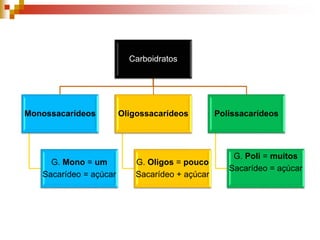 Carboidratos
Monossacarídeos
G. Mono = um
Sacarídeo = açúcar
Oligossacarídeos
G. Oligos = pouco
Sacarídeo + açúcar
Polissacarídeos
G. Poli = muitos
Sacarídeo = açúcar
 