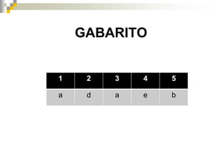 GABARITO
1 2 3 4 5
a d a e b
 