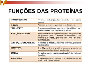 FUNÇÕES DAS PROTEÍNAS
ANTICONGELANTE Proteínas anticongelantes presentes em peixes
polares.
ENZIMAS Aceleram as reações químicas do metabolismo.
TRANSPORTE Transportam nutrientes para dentro das células, como
a hemoglobina, que transporta O2 e CO2.
NUTRIÇÃO E RESERVA Algumas sementes apresentam grandes quantidades
de proteínas para a reserva de nutrientes. Outra
reserva é o vitelo, presente nos ovos de aves,
mamíferos, etc.
CONTRAÇÃO E MOVIMENTO A actina e a miosina, proteínas contráteis, presentes
nos músculos.
ESTRUTURA O colágeno é uma proteína estrutural presente no
cabelo, pele, unhas, teia de aranha, etc.
DEFESA Os anticorpos ou imunoglobulinas (Ig) são proteínas
de defesa.
REGULAÇÃO A insulina é uma proteína-hormônio que regula os
níveis de glicose no sangue.
 