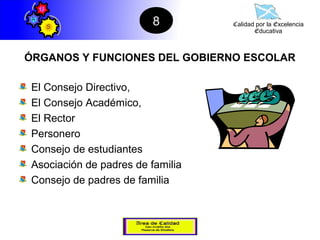 8        Calidad por la Excelencia
                                          Educativa



ÓRGANOS Y FUNCIONES DEL GOBIERNO ESCOLAR

 El Consejo Directivo,
 El Consejo Académico,
 El Rector
 Personero
 Consejo de estudiantes
 Asociación de padres de familia
 Consejo de padres de familia
 