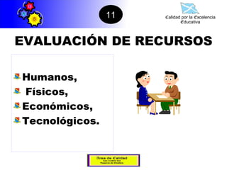 11   Calidad por la Excelencia
                            Educativa



EVALUACIÓN DE RECURSOS

Humanos,
Físicos,
Económicos,
Tecnológicos.
 