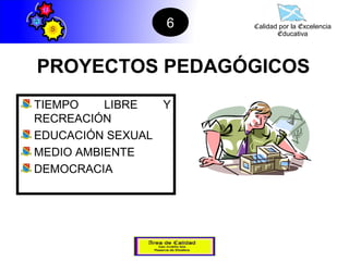 6   Calidad por la Excelencia
                            Educativa




PROYECTOS PEDAGÓGICOS
TIEMPO    LIBRE  Y
RECREACIÓN
EDUCACIÓN SEXUAL
MEDIO AMBIENTE
DEMOCRACIA
 