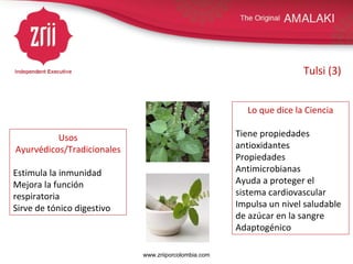 Tulsi (3) Usos Ayurvédicos/Tradicionales Estimula la inmunidad Mejora la función respiratoria Sirve de tónico digestivo Lo que dice la Ciencia Tiene propiedades antioxidantes Propiedades Antimicrobianas Ayuda a proteger el sistema cardiovascular Impulsa un nivel saludable de azúcar en la sangre Adaptogénico www.zriiporcolombia.com 