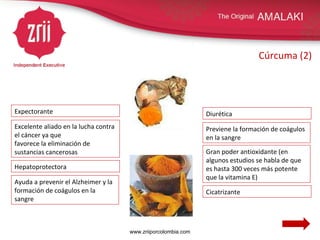 Cúrcuma (2) Cicatrizante Excelente aliado en la lucha contra el cáncer ya que  favorece la eliminación de sustancias cancerosas Expectorante Gran poder antioxidante (en algunos estudios se habla de que es hasta 300 veces más potente que la vitamina E) Diurética Hepatoprotectora Previene la formación de coágulos en la sangre Ayuda a prevenir el Alzheimer y la formación de coágulos en la sangre www.zriiporcolombia.com 
