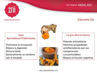 Cúrcuma (3) Usos Ayurvédicos/Tradicionales Promueve la circulación Mejora la digestión Alivia el dolor Generalmente se combina con el Amalaki Lo que dice la Ciencia Potente antioxidante Potentes propiedades antiiflamatorias por sus componentes curcuminoideos Mejora la función cognitiva www.zriiporcolombia.com 
