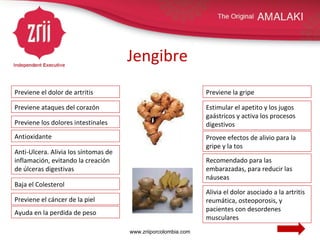 Jengibre Baja el Colesterol Antioxidante Estimular el apetito y los jugos gaástricos y activa los procesos digestivos Recomendado para las embarazadas, para reducir las náuseas Provee efectos de alivio para la gripe y la tos Previene ataques del corazón Alivia el dolor asociado a la artritis reumática, osteoporosis, y pacientes con desordenes musculares Anti-Ulcera. Alivia los síntomas de inflamación, evitando la creación de úlceras digestivas Previene la gripe Previene el cáncer de la piel Previene el dolor de artritis Previene los dolores intestinales Ayuda en la perdida de peso www.zriiporcolombia.com 
