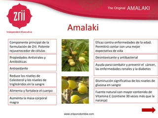 Amalaki Propiedades Antivirales y Antibióticas Reduce los niveles de Colesterol y los niveles de triglicéridos en la sangre Antioxidante Alimenta y fortalece el cuerpo Componente principal de la formulación de Zrii. Potente rejuvenecedor de células Fuente natural con mayor contenido de Vitamina C (contiene 30 veces más que la naranja) Eficaz contra enfermedades de la edad.  Permitirá contar con una mejor expectativa de vida Desintoxicante y antibacterial  Aumenta la masa corporal magra  Ayuda para combatir y prevenir el  cáncer, las enfermedades renales y la diabetes Disminución significativa de los niveles de glucosa en sangre www.zriiporcolombia.com 