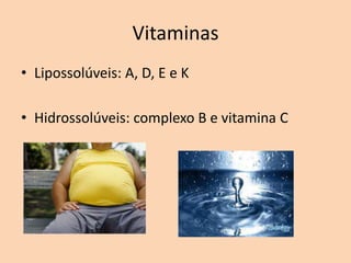 Vitaminas
• Lipossolúveis: A, D, E e K

• Hidrossolúveis: complexo B e vitamina C
 