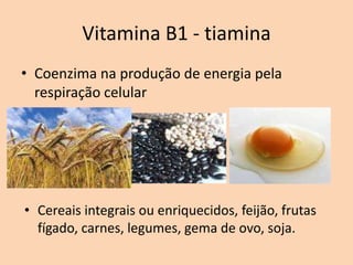 Vitamina B1 - tiamina
• Coenzima na produção de energia pela
  respiração celular




• Cereais integrais ou enriquecidos, feijão, frutas
  fígado, carnes, legumes, gema de ovo, soja.
 