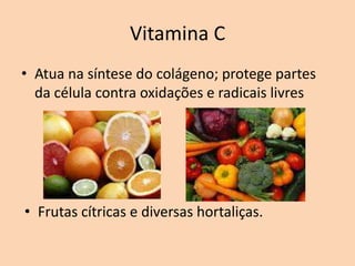 Vitamina C
• Atua na síntese do colágeno; protege partes
  da célula contra oxidações e radicais livres




• Frutas cítricas e diversas hortaliças.
 
