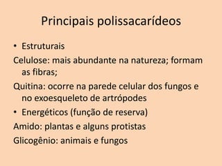 Principais polissacarídeos
• Estruturais
Celulose: mais abundante na natureza; formam
  as fibras;
Quitina: ocorre na parede celular dos fungos e
  no exoesqueleto de artrópodes
• Energéticos (função de reserva)
Amido: plantas e alguns protistas
Glicogênio: animais e fungos
 