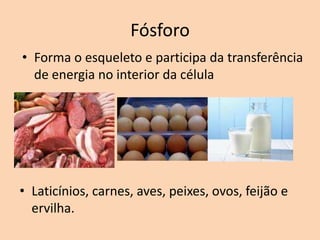 Fósforo
• Forma o esqueleto e participa da transferência
  de energia no interior da célula




• Laticínios, carnes, aves, peixes, ovos, feijão e
  ervilha.
 