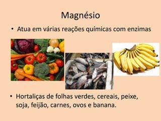 Magnésio
• Atua em várias reações químicas com enzimas




• Hortaliças de folhas verdes, cereais, peixe,
  soja, feijão, carnes, ovos e banana.
 