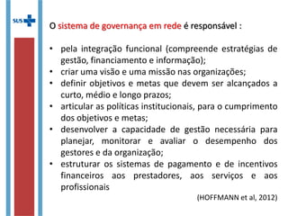 O sistema de governança em rede é responsável :
• pela integração funcional (compreende estratégias de
gestão, financiamento e informação);
• criar uma visão e uma missão nas organizações;
• definir objetivos e metas que devem ser alcançados a
curto, médio e longo prazos;
• articular as políticas institucionais, para o cumprimento
dos objetivos e metas;
• desenvolver a capacidade de gestão necessária para
planejar, monitorar e avaliar o desempenho dos
gestores e da organização;
• estruturar os sistemas de pagamento e de incentivos
financeiros aos prestadores, aos serviços e aos
profissionais
(HOFFMANN et al, 2012)
 