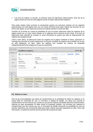 Componentes RUP – Mantenimiento 17/33
• A la hora de realizar un borrado, se eliminan todos los elementos seleccionados, tanto los de la
página actual como los de otras páginas donde se hayan seleccionado registros.
Para poder realizar estas acciones el componente guarda una estructura arbórea con los registros
seleccionados de cada página junto con sus claves primarias para poder realizar las acciones de una
forma más rápida, ya que todas las acciones se realizan siempre a través de ellas.
También se ha tenido en cuenta la posibilidad de que el usuario seleccione todos los registros de la
página actual con un único check situado en la cabecera de la columna de los check. A la hora de
seleccionar este selectAll se muestra un aviso informando al usuario que sólo se seleccionarán los
registros de la página actual.
Unido a esto último, al seleccionar todos los registros de la página mediante el check, aparecerá un
mensaje que permitirá al usuario seleccionar el conjunto completo de registros de la entidad con la que
se está trabajando, es decir, todos los registros que cumplan los criterios de búsqueda
independientemente de la página en la que se encuentren.
6.8. Edición en línea
Otra de las funcionalidades que ofrece el mantenimiento es la posibilidad de editar los registros en la
propia tabla sin necesidad de usar un formulario ni diálogo de detalle. Los datos que necesita el
mantenimiento son los mismos que cuando se usa para la creación del detalle (descritos anteriormente).
Además de esas propiedades se debe activar la propiedad editable. Las acciones que realizará el
mantenimiento son las mismas que con un formulario de detalle incluyendo la posibilidad de usar los
eventos específicos del componente tabla para poder realizar acciones especificas en ellos. Para más
información, consultar los eventos del documento del componente tabla.
 