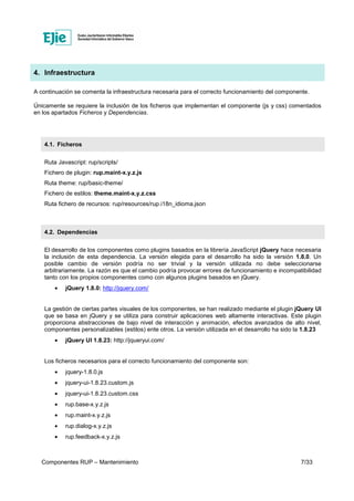 Componentes RUP – Mantenimiento 7/33
4. Infraestructura
A continuación se comenta la infraestructura necesaria para el correcto funcionamiento del componente.
Únicamente se requiere la inclusión de los ficheros que implementan el componente (js y css) comentados
en los apartados Ficheros y Dependencias.
4.1. Ficheros
Ruta Javascript: rup/scripts/
Fichero de plugin: rup.maint-x.y.z.js
Ruta theme: rup/basic-theme/
Fichero de estilos: theme.maint-x.y.z.css
Ruta fichero de recursos: rup/resources/rup.i18n_idioma.json
4.2. Dependencias
El desarrollo de los componentes como plugins basados en la librería JavaScript jQuery hace necesaria
la inclusión de esta dependencia. La versión elegida para el desarrollo ha sido la versión 1.8.0. Un
posible cambio de versión podría no ser trivial y la versión utilizada no debe seleccionarse
arbitrariamente. La razón es que el cambio podría provocar errores de funcionamiento e incompatibilidad
tanto con los propios componentes como con algunos plugins basados en jQuery.
• jQuery 1.8.0: http://jquery.com/
La gestión de ciertas partes visuales de los componentes, se han realizado mediante el plugin jQuery UI
que se basa en jQuery y se utiliza para construir aplicaciones web altamente interactivas. Este plugin
proporciona abstracciones de bajo nivel de interacción y animación, efectos avanzados de alto nivel,
componentes personalizables (estilos) ente otros. La versión utilizada en el desarrollo ha sido la 1.8.23
• jQuery UI 1.8.23: http://jqueryui.com/
Los ficheros necesarios para el correcto funcionamiento del componente son:
• jquery-1.8.0.js
• jquery-ui-1.8.23.custom.js
• jquery-ui-1.8.23.custom.css
• rup.base-x.y.z.js
• rup.maint-x.y.z.js
• rup.dialog-x.y.z.js
• rup.feedback-x.y.z.js
 