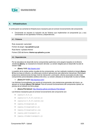 Componentes RUP – Upload 6/26
4. Infraestructura
A continuación se comenta la infraestructura necesaria para el correcto funcionamiento del componente.
• Únicamente se requiere la inclusión de los ficheros que implementan el componente (js y css)
comentados en los apartados Ficheros y Dependencias.
4.1. Ficheros
Ruta Javascript: rup/scripts/
Fichero de plugin: rup.upload-x.y.z.js
Ruta theme: rup/basic-theme/
Fichero CSS del theme: theme.rup.upload-x.y.z.css
4.2. Dependencias
Por la naturaleza de desarrollo de los componentes (patrones) como plugins basados en la librería
JavaScript jQuery, es necesaria la inclusión del esta. La versión elegida para el desarrollo ha sido la
versión 1.8.0.
• jQuery 1.8.0: http://jquery.com/
La gestión de la ciertas partes visuales de los componentes, se han realizado mediante el plugin jQuery
UI que se basa en jQuery y se utiliza para construir aplicaciones web altamente interactivas. Este plugin,
proporciona abstracciones de bajo nivel de interacción y animación, efectos avanzados de alto nivel,
componentes personalizables (estilos) ente otros. La versión utilizada en el desarrollo ha sido la 1.8.23.
• jQuery UI 1.8.23: http://jqueryui.com/
Las distintas funcionalidades que aporta el componente y las prestaciones generales del mismo, se
apoyan en el plugin jQuery File Upload. Para el correcto funcionamiento del componente Upload, se
precisa de la inclusión de dicho plugin.
• jQuery-File-Upload: http://blueimp.github.com/jQuery-File-Upload/
Los ficheros necesarios para el correcto funcionamiento del componente son:
• jquery-1.8.0.js
• jquery-ui-1.8.23.custom.js
• jquery-ui-1.8.23.custom.css
• jquery.fileupload.js
• jquery.fileupload-ui.js
• jquery.fileupload-ui.css
• jquery.xdr-transport.js
• jquery.iframe-transport.js
 