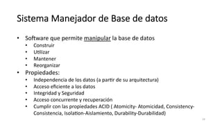 Sistema Manejador de Base de datos
• SoKware que permite manipular la base de datos
• Construir
• UMlizar
• Mantener
• Reorganizar
• Propiedades:
• Independencia de los datos (a parMr de su arquitectura)
• Acceso eﬁciente a los datos
• Integridad y Seguridad
• Acceso concurrente y recuperación
• Cumplir con las propiedades ACID ( Atomicity- Atomicidad, Consistency-
Consistencia, IsolaMon-Aislamiento, Durability-Durabilidad)
24
 