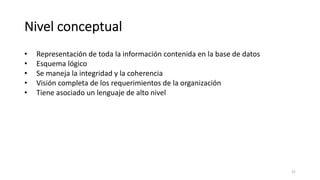 Nivel conceptual
31
• Representación de toda la información contenida en la base de datos
• Esquema lógico
• Se maneja la integridad y la coherencia
• Visión completa de los requerimientos de la organización
• Tiene asociado un lenguaje de alto nivel
 