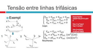 Tensão entre linhas trifásicas
                            Importante:
 Exempl                    Vab0=Vbc0=Vca0=
                            0
 o:
                            Vbc1=a²Vab1
                            Vac1=aVab1

                            Vbc2=aVab2
                            Vca2=a²Vab2
 