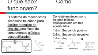 O que são?                     Como
funcionam?
O sistema de mecanismos      Consiste em decompor o
simétricos foi criado para   sistema trifásico
                             desequilibrado em três
facilitar a análise de       equilibrados:
circuitos analíticos de      1)Sist. Sequencia positiva
componentes elétricos
                             2)Sist. Sequencia negativa
desequilibrados.
                             3)Sist. Sequencia nula
 