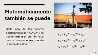Matemáticamente
también se puede
Cada uno de los fasores
desbalanceados (Va, Vb, Vc) se
puede expresar en términos
de sus componentes, siendo
la suma de éstos.
10
𝑽𝒂 = 𝑽𝒂
(𝟎)
+ 𝑽𝒂
(𝟏)
+ 𝑽𝒂
(𝟐)
𝑽𝒃 = 𝑽𝒃
(𝟎)
+ 𝑽𝒃
(𝟏)
+ 𝑽𝒃
(𝟐)
𝑽𝒄 = 𝑽𝒄
(𝟎)
+ 𝑽𝒄
(𝟏)
+ 𝑽𝒄
(𝟐)
 