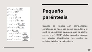 Pequeño
paréntesis
Cuando se trabaja con componentes
simétricas se hace uso de un operador α el
cual es un número complejo que se define
como: 𝛼 = 1∠120°, dicho operador cumple
con ciertas identidades, las cuales se
enlistan la tabla de la izquierda.
12
 