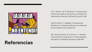 Referencias
[1] J.J. Grainer., W. D. Stevenson. “Componentes
simétricas y redes de secuencia”, en Análisis de
Sistemas de Potencia, McGraw Hill, pp 391-396
[2] D.P. Kothari. I.J. Nagrath,,”Componentes
Simétricos”, en Sistemas Eléctricos de Potencia,
3ra ed, McGraw Hill, pp 369-376.
[3] J. Duncan Glover. M. S. Sarma. T. J. Overbye,
“Symmetrical Components”, en Power Systems,
5ta edición, Cengeage Learning, pp 428-432
23
 