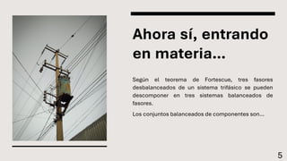 Ahora sí, entrando
en materia…
Según el teorema de Fortescue, tres fasores
desbalanceados de un sistema trifásico se pueden
descomponer en tres sistemas balanceados de
fasores.
Los conjuntos balanceados de componentes son…
5
 