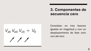 3. Componentes de
secuencia cero
Consisten en tres fasores
iguales en magnitud y con un
desplazamiento de fase cero
uno del otro.
8
 