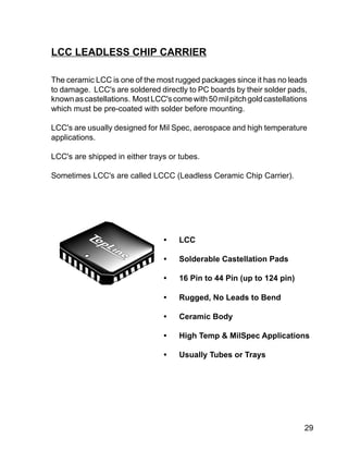 29
LCC LEADLESS CHIP CARRIER
The ceramic LCC is one of the most rugged packages since it has no leads
to damage. LCC's are soldered directly to PC boards by their solder pads,
knownascastellations. MostLCC'scomewith50milpitchgoldcastellations
which must be pre-coated with solder before mounting.
LCC's are usually designed for Mil Spec, aerospace and high temperature
applications.
LCC's are shipped in either trays or tubes.
Sometimes LCC's are called LCCC (Leadless Ceramic Chip Carrier).
• LCC
• Solderable Castellation Pads
• 16 Pin to 44 Pin (up to 124 pin)
• Rugged, No Leads to Bend
• Ceramic Body
• High Temp & MilSpec Applications
• Usually Tubes or Trays
 