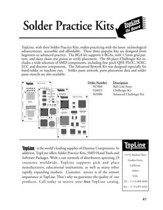 41
TopLine, with their Solder Practice Kits, makes practicing with the latest technological
advancements accessible and affordable. These three popular kits are designed from
beginners to advanced practice. The BGA kit supports 4 BGAs, with 1.5mm grid pat-
tern, and daisy chain test points to verify placement. The 88-piece Challenger Kit in-
cludes a wide selection of SMD components, including fine pitch QFP, PLCC, SOIC,
LCC and discrete components. The Advanced Rework Kit was designed especially for
hand-solder or machine run. Solder paste artwork, parts placement data and solder
paste stencils are also available.
Solder Practice Kits
Fax1-310-498-0490©1993TopLinePh1-310-433-7000
Ball Grid Array
PN967001
T1+ T2+ T3+ T4+ T5+
T1- T2- T3- T4- T5-
Ball 15
Ball 1
BGA225
1.5mm Pitch
T1+ T2+ T3+ T4+ T5+
T1- T2- T3- T4- T5-
Ball 15
Ball 1
Ball 13
Ball 1
BGA225
1.5mm Pitch
BGA169
1.5mm Pitch
Ball 13
Ball 1
BGA169
1.5mm Pitch
T1+
T1-
T2+ T3+ T4+ T5+ T6+ T7+
T2- T3- T4- T5- T6- T7-
T1+
T1-
T2+ T3+ T4+ T5+ T6+ T7+
T2- T3- T4- T5- T6- T7-
TM
11751 Markon Drive
Garden Grove
California
92841
USA
Tel : 1-714-898-3830
Fax : 1-714-891-0321
TopLine is the world's leading supplier of Dummy Components. In
addition, TopLine offers Solder Practice Kits, SMD Hand Tools and
Software Packages. With a vast network of distributors spanning 23
countries worldwide, TopLine supports pick and place
manufacturers, educational institutions, as well as many other
rapidly expanding markets. Customer service is of the utmost
importance at TopLine. That's why we guarantee the quality of our
products. Call today to receive your free TopLine catalog.
TM
Fax1-310-498-0490©1993TopLinePh1-310-433-7000
Challenger Kit
PN920001
SOL 20
SOLJ 24
CRYSTAL
LCC 40
0805
1206
MELF
MINI MELF 0603
1210
0402
1210
Inductor
1812
Tantalum
A
B C
D
1812 2225Pot.
SOM 16SO 14
PLCC 20
SOT 23
BQFP132 25Mil
QFP84 .8mm
AL CAP
6.3mm 4mm
SOT
89
SOT
223
SOT
143 D PAK
PLCC 68
QFP184 .65mmQFP52 1mm
1008 Inductor
Rework Practice
Fax1-310-498-0490©1993TopLinePh1-310-433-7000
SOL 20
PLCC 68
PLCC 20
SO 14
1206 (3216)
PN965001
PLCC 44
PLCC 20
SOM 16
SO 14
SOT 23
BQFP 132
QFP 208
TSOP 32
QFP100
0805 (2012)
PLCC 44
Order Number Description
967000 Ball Grid Array
920025 Challenger Kit
965000 Advanced Challenger Kit
 