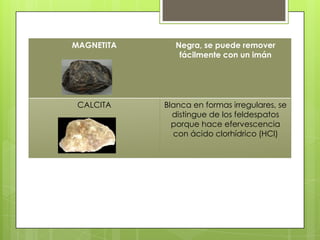 MAGNETITA Negra, se puede remover
fácilmente con un imán
CALCITA Blanca en formas irregulares, se
distingue de los feldespatos
porque hace efervescencia
con ácido clorhídrico (HCl)
 