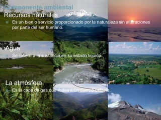 Componente ambiental
Recursos naturales
 Es un bien o servicio proporcionado por la naturaleza sin alteraciones
por parte del ser humano.
Agua
 Se refiere a la sustancia en su estado liquido
La atmósfera
 Es la capa de gas que rodea a un cuerpo celeste.
 