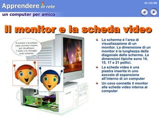 Il monitor e la scheda video Lo schermo è l’area di visualizzazione di un monitor. La dimensione di un monitor è la lunghezza della diagonale dello schermo. Le dimensioni tipiche sono 14, 15, 17 e 21 pollici. La scheda video è una piastra inserita in uno zoccolo di espansione all’interno di un computer Un cavo connette il monitor alla scheda video interna al computer 