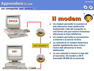 Il modem Un modem permette lo scambio di dati attraverso linee telefoniche traducendo i dati del computer in una forma che può essere trasmessa attraverso la linea telefonica. Un modem permette la connessione a Internet e ai servizi on-line. La velocità di un modem determina quanto rapidamente esso invia e riceve dati attraverso le linee telefoniche.  La sua velocità si misura in bps (bit al secondo). Un modem a 56 K trasmette 56.000 bit al secondo. INTERNET INVIA OK! 